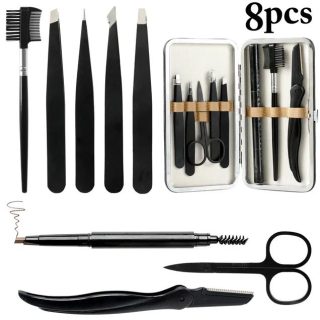 8PCS Eyebrow Tweezers Kit for Women Men Stainless Steel Trimming Set Includes Razor Pencil Scissors and Brush