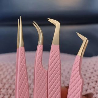 Pink and Gold Eyelash Extension Tweezers Bundle of 4 - Angled Straight Curved Boot