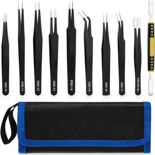 10 PCS Precision Tweezers Set, Premium Craft Tweezers Kit, Stainless Steel Electronic ESD Tweezers, Anti-static Industrial Soldering Tweezers, with Tweezer Storage Bag